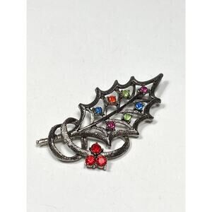 BEATRIX Brooch Pin Leaf Designer Gunmetal Tone Rhinestones Vintage